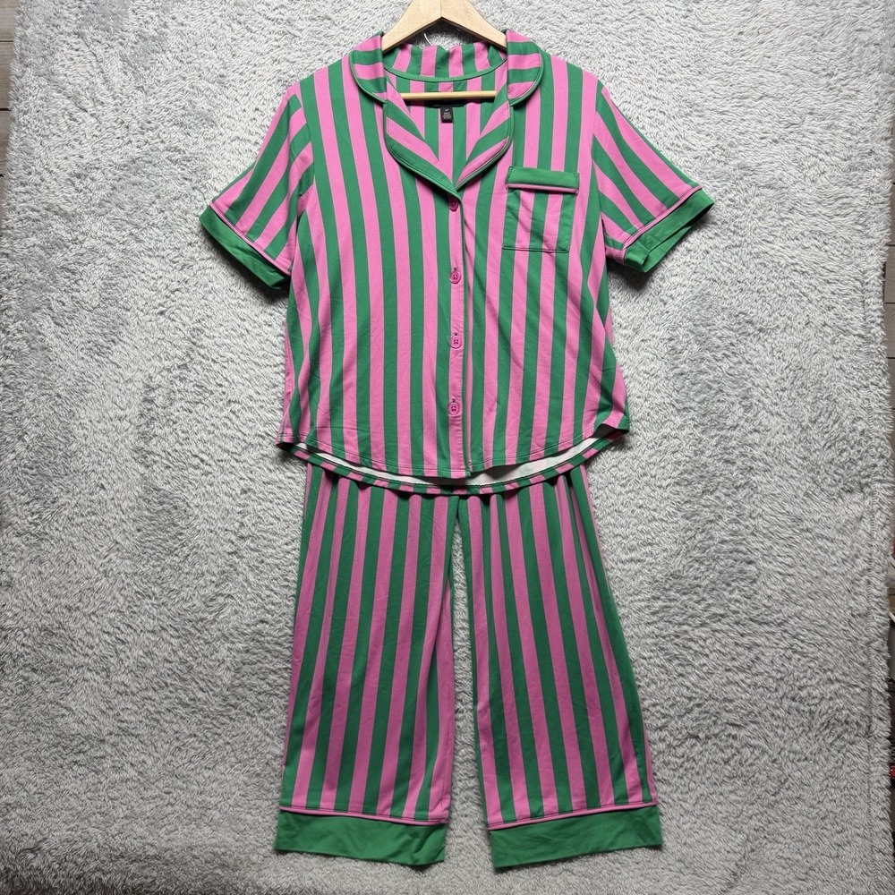Room Service Collette Striped Pink Green Pajama Set Size Small Jersey Cozy
